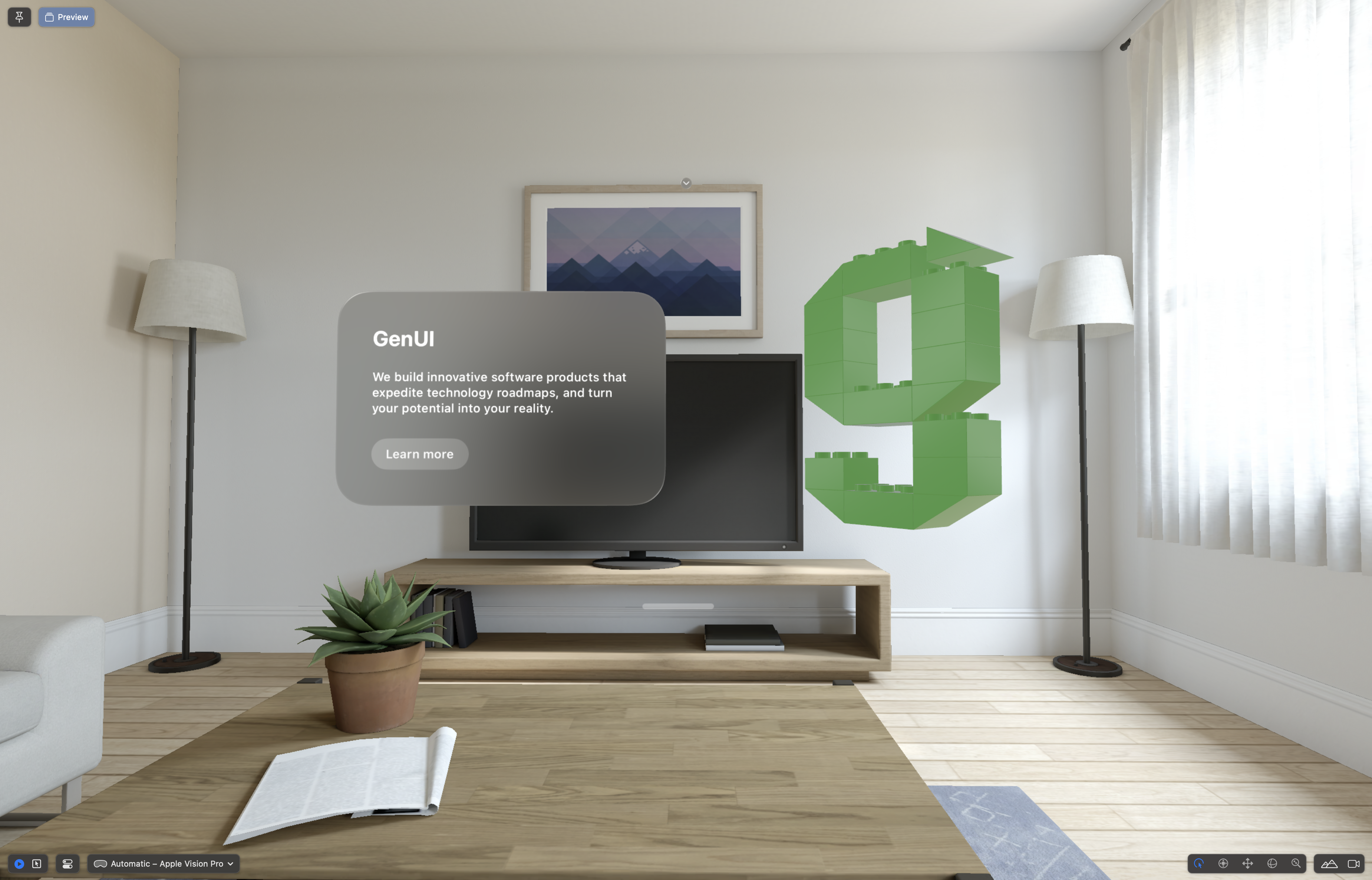 Default visionOS preview 'living room' with 3D GenUI 'g'