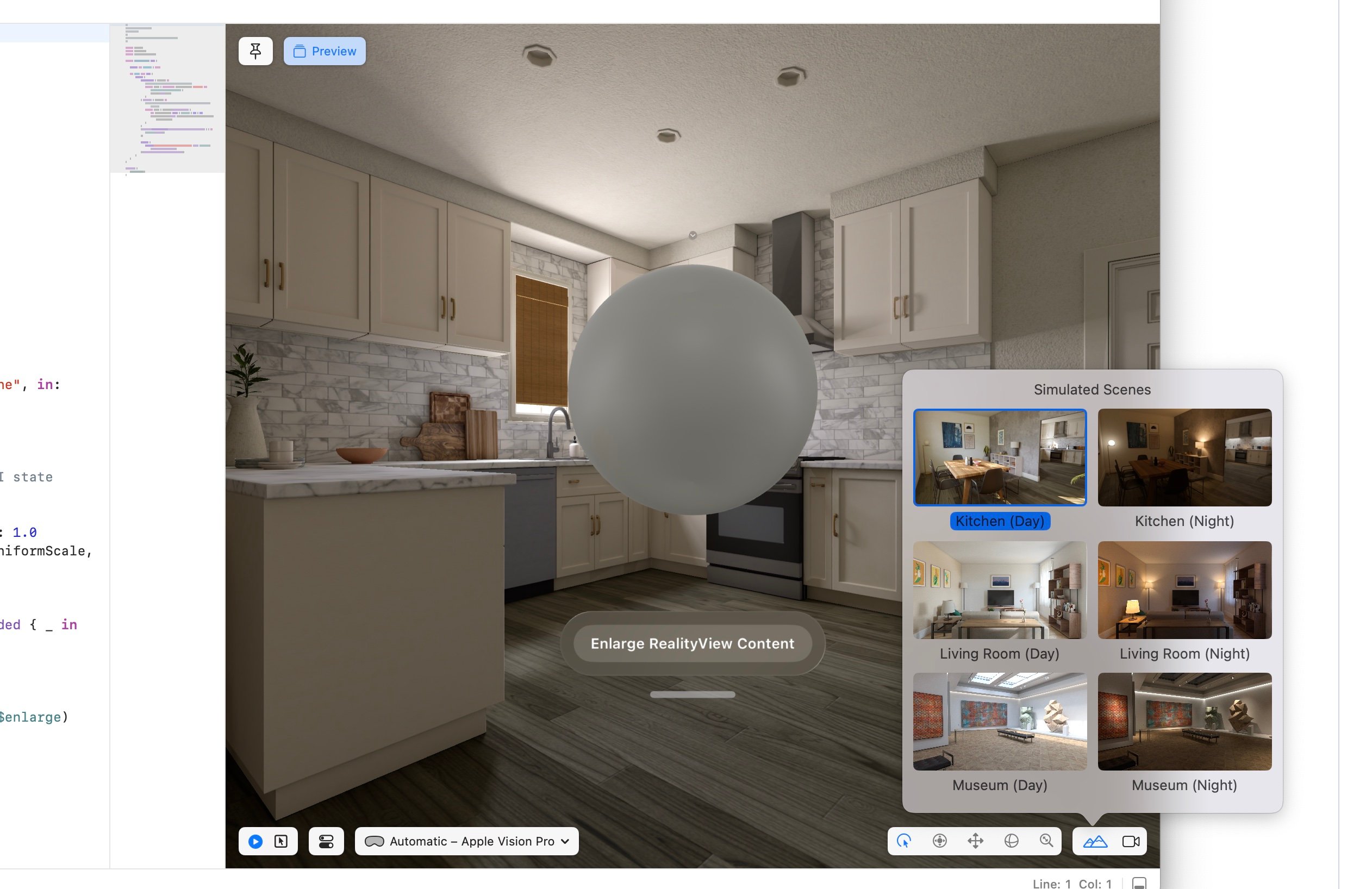 visionOS default scene in Xcode selecting the living room