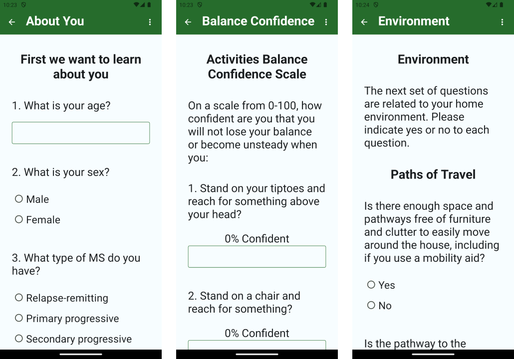 Screenshot of the Questionnaires section interface. The section includes questions about the participant’s home environment, providing researchers with comprehensive details on factors that may impact their safety and stability.